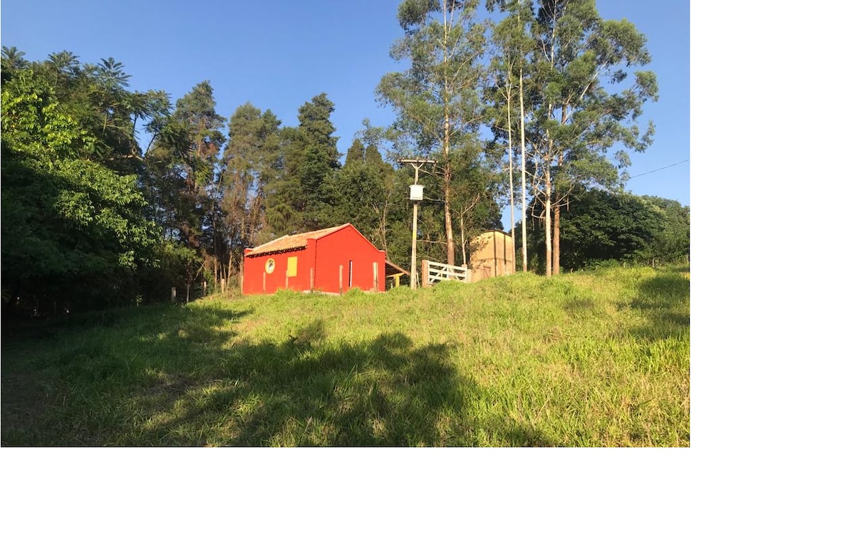 A bright red house is nestled in a grassy area, surrounded by tall trees. Natural light highlights the landscape, creating a serene outdoor setting. The structure features a simple design with a wooden roof, set against a clear blue sky.