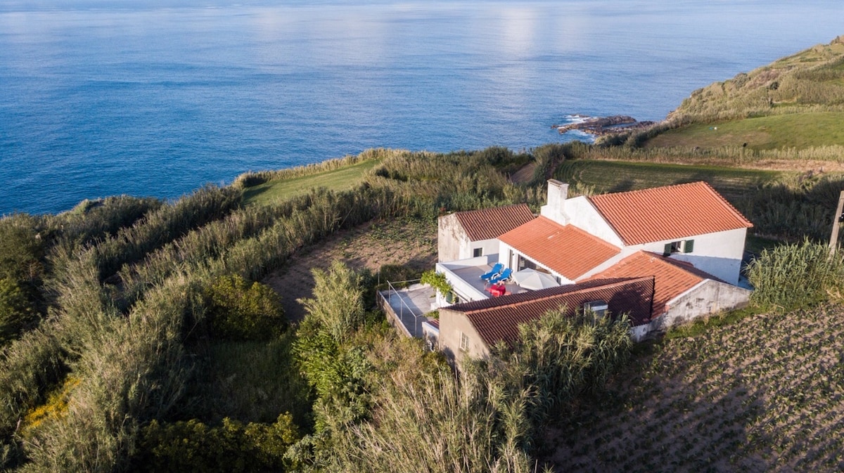 The property is situated on a hillside, overlooking the ocean. A spacious home with a red-tiled roof is surrounded by lush greenery and slopes gently towards the coastline. Expansive blue waters reflect the sky in the background, while the area offers a serene, natural environment.