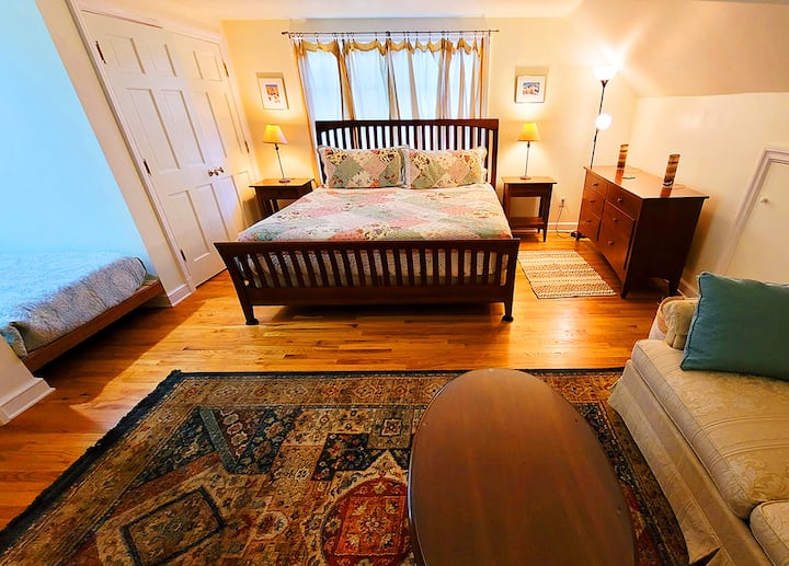 The South Bedroom has a king bed, a twin bed and a sofa bed. It also has two secret rooms for the delight of your little-ones!