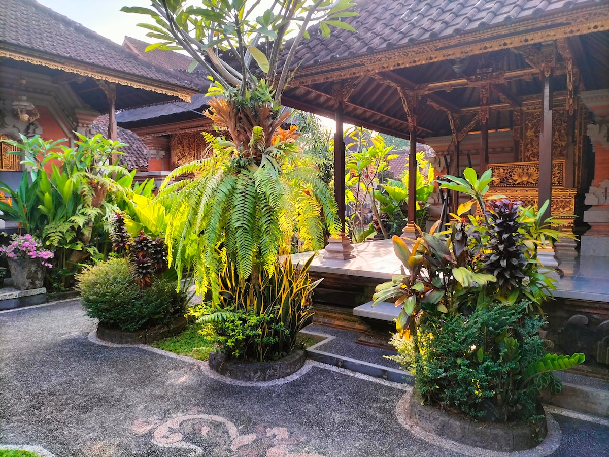 A landscaped garden features an arrangement of lush greenery, including tall ferns and various tropical plants. Stone paths meander through the garden, leading to a traditional structure with ornate details under a shaded porch. Sunlight filters through the foliage, creating dappled light.