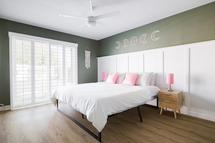 Bedroom #1 is the Master. Master bedroom has a king size bed and access to backyard.