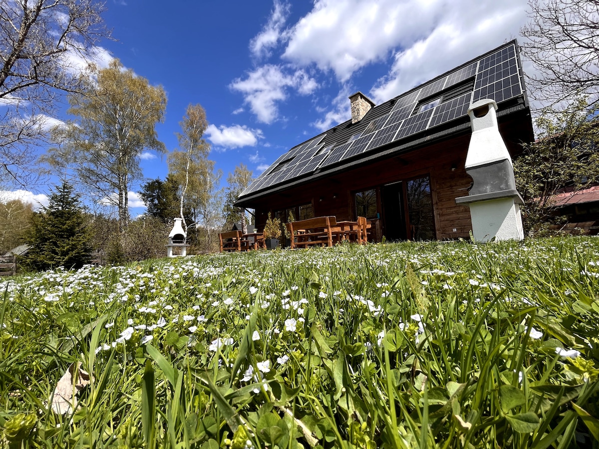 A modern residence is seen under a bright blue sky adorned with fluffy white clouds. The house features a sloped roof with solar panels and is surrounded by a grassy area dotted with small white flowers. Outdoor seating is available on a wooden deck.