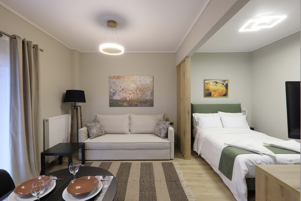 A spacious living area features a comfortable sofa and modern artwork on the wall. The layout includes a sleeping area with a neatly made bed and a minimalist design. Soft natural light enters through the window dressed with light curtains, complemented by a stylish lighting fixture above.