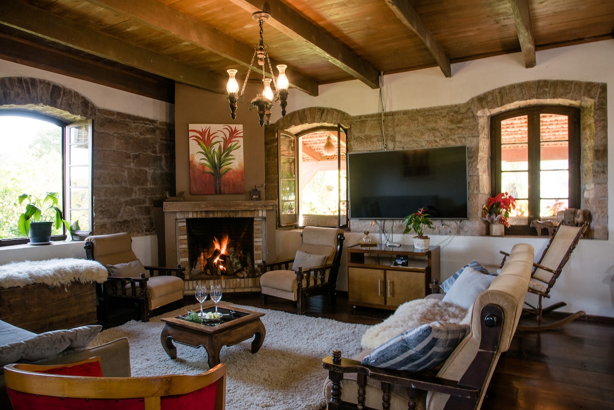 A spacious living area features a stone fireplace framed by large windows allowing natural light. The room is furnished with comfortable seating, including wooden chairs and a cozy sofa. Decorative plants and artwork enhance the inviting ambiance.