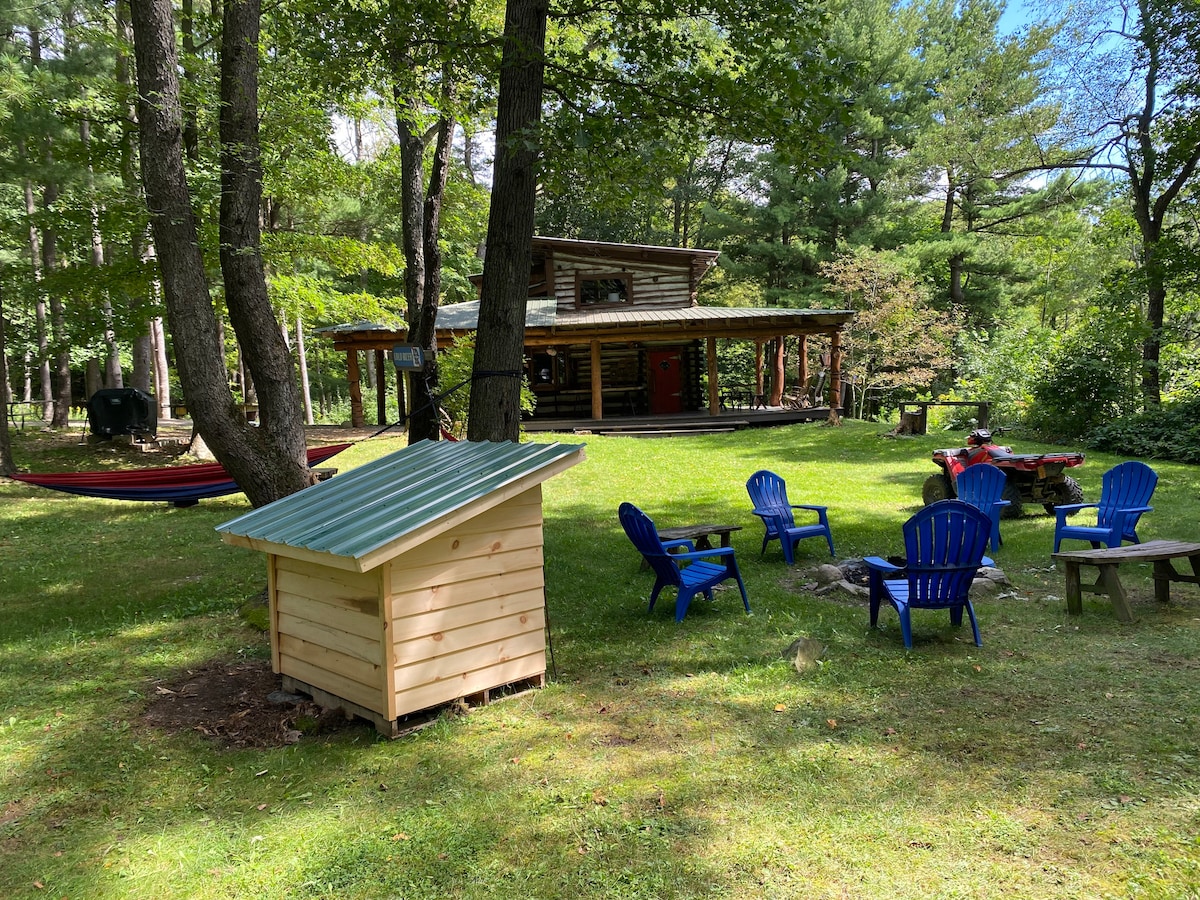A serene outdoor space is surrounded by tall trees, offering a grassy area with blue Adirondack chairs arranged around a fire pit. A small wooden shed with a slanted roof is positioned nearby. A cabin with a natural wood facade is visible in the background.
