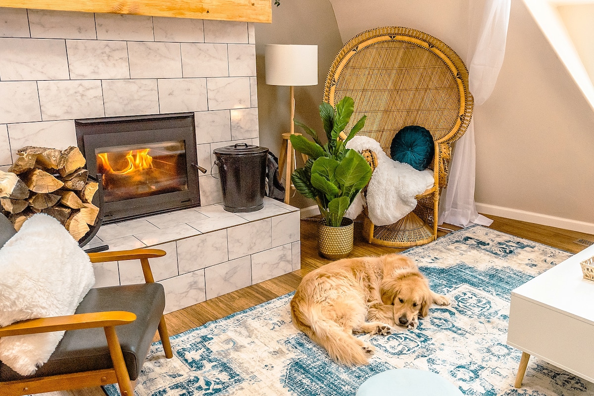 A cozy seating area features a wood-burning fireplace with flames visible, complemented by a comfortable chair with a woven design. A golden retriever rests on a patterned rug nearby, while a potted plant adds a touch of greenery to the space.
