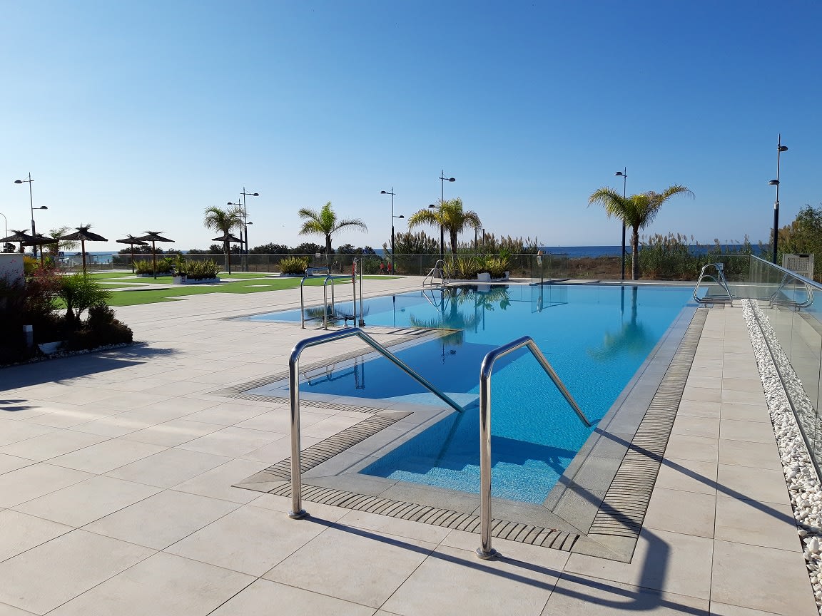 A communal pool area features a clean, rectangular swimming pool bordered by tiled flooring. Palm trees and sun loungers surround the pool, creating a relaxing atmosphere. The ocean can be seen in the background under a clear blue sky.