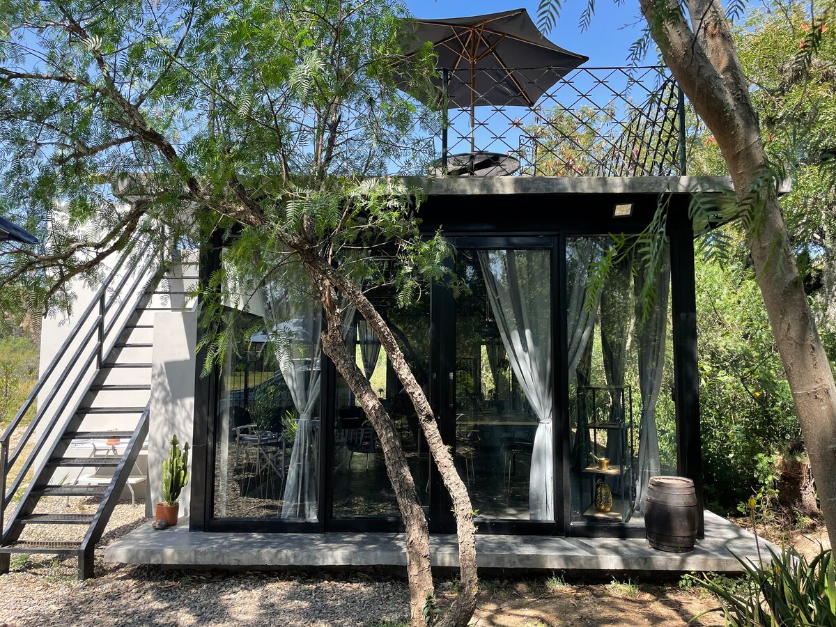 The exterior of a contemporary rural house is displayed, featuring a sleek design with large glass windows and an umbrella on a rooftop terrace. Surrounding greenery includes trees and plants, contributing to a serene atmosphere. A gravel path leads up to the entrance.