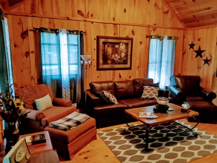 Relax and enjoy the cabin feel with all natural building materials. The Sleeper Sofa and chairs are very comfortable. Check out the rustic antique cabin decor!