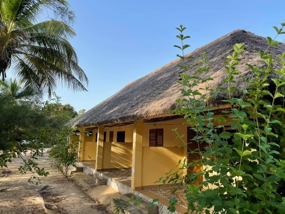 A charming building with a thatched roof is surrounded by green foliage. The structure features several entrances adorned with wooden shutters, and sunlight casts gentle shadows on the walls, creating a serene atmosphere. Tropical plants enhance the natural setting.