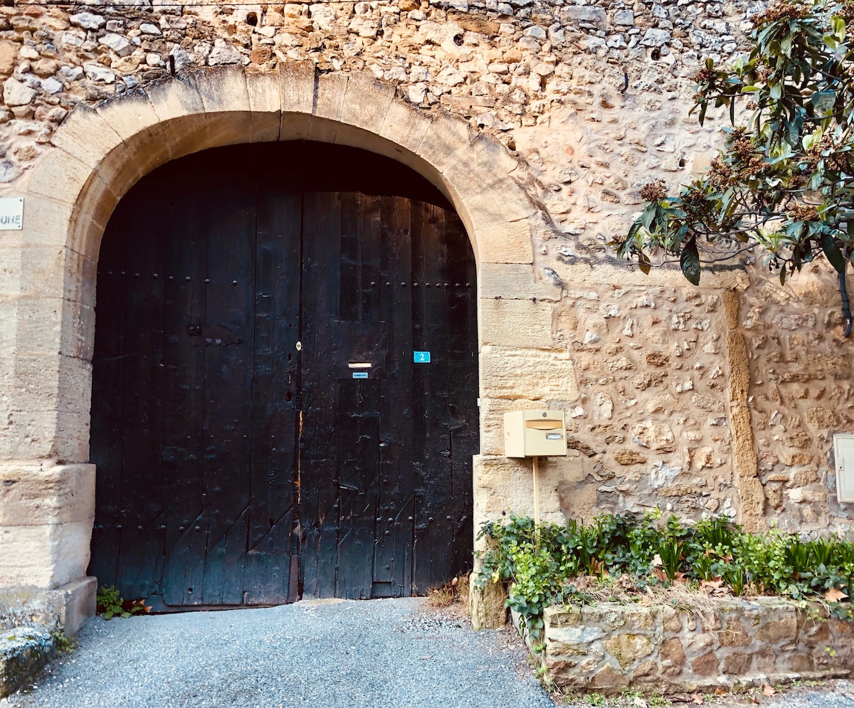 A rustic stone wall features a large wooden door with wrought iron details, framed by a simple archway. A beige mailbox is mounted beside the door, and a modest garden border with low greenery is visible along the pathway.