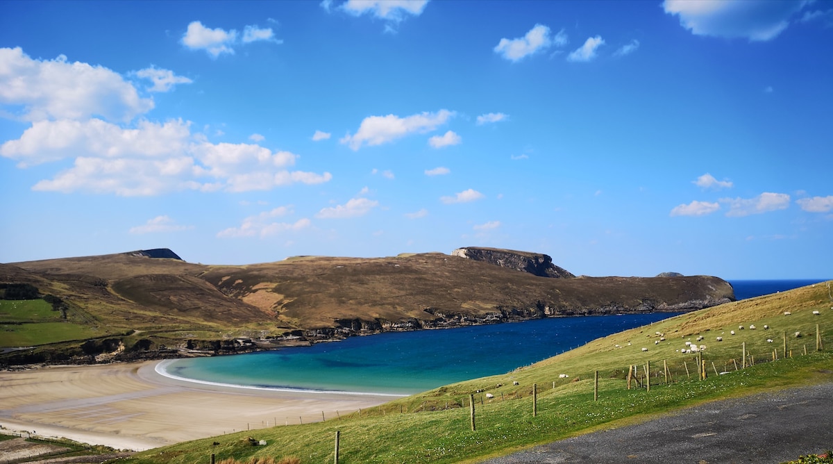 A sweeping view of a coastal landscape is presented, featuring a sandy beach curving into a gentle bay. Lush green fields and hills frame the scene, while distant cliffs rise above the water. A clear blue sky dotted with clouds enhances the natural beauty.