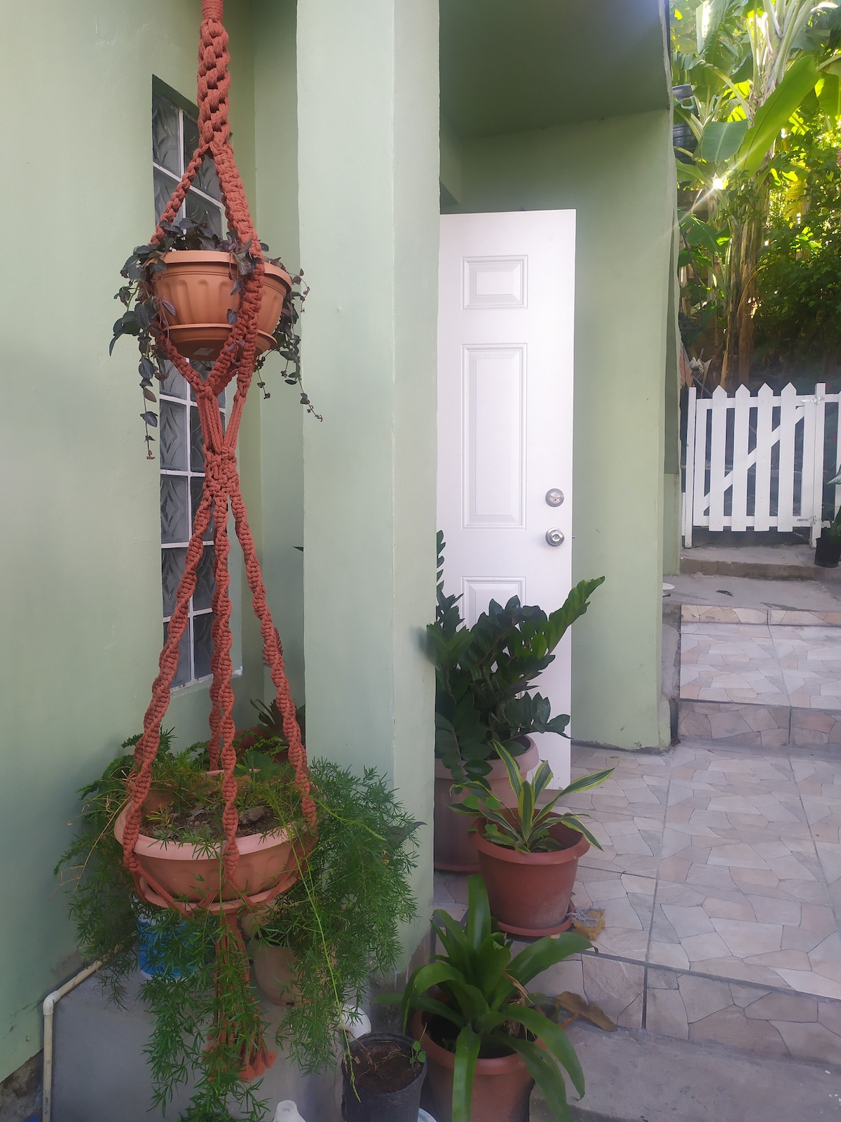 Two hanging planters contain lush green plants, positioned beside a white door leading into the apartment. Alongside the entrance, several potted plants enhance the welcoming ambiance. The exterior walls are painted in a soft green, with a tiled pathway visible leading up to the door.