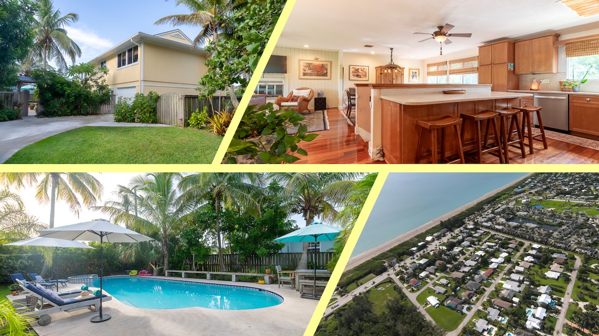 A serene outdoor space features a private pool surrounded by palm trees and lounge chairs. The inviting kitchen with wooden cabinetry provides ample seating at the breakfast bar, while the living area boasts comfortable seating. A coastal view showcases the nearby beach community.