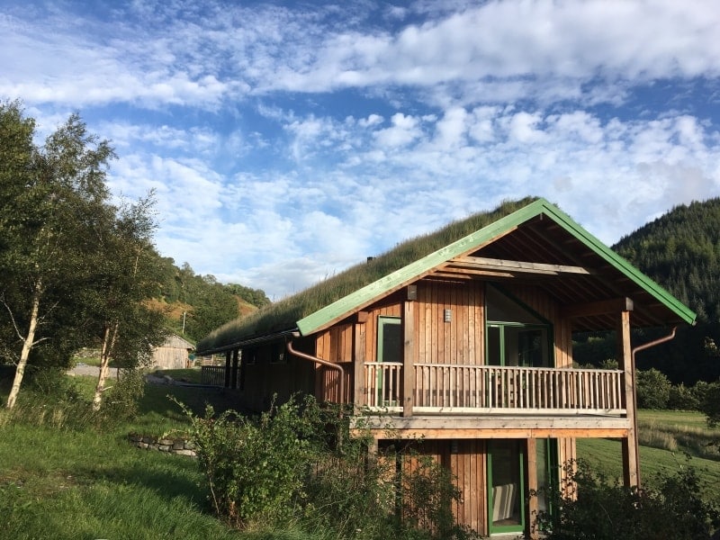 A unique house built from native timber features a distinctive grass roof. Large windows and green accents enhance the natural surroundings, while a balcony extends from the upper level. The scenic landscape is complemented by soft clouds in a clear blue sky.