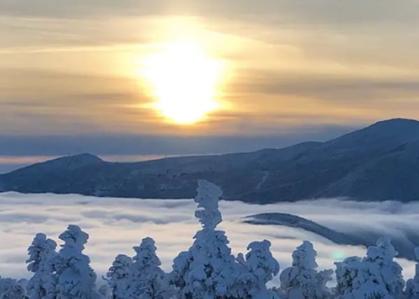 A serene winter landscape features snow-covered trees silhouetted against a rising sun. Soft clouds blanket the valley below, while mountains rise in the background, creating a peaceful and picturesque scene.