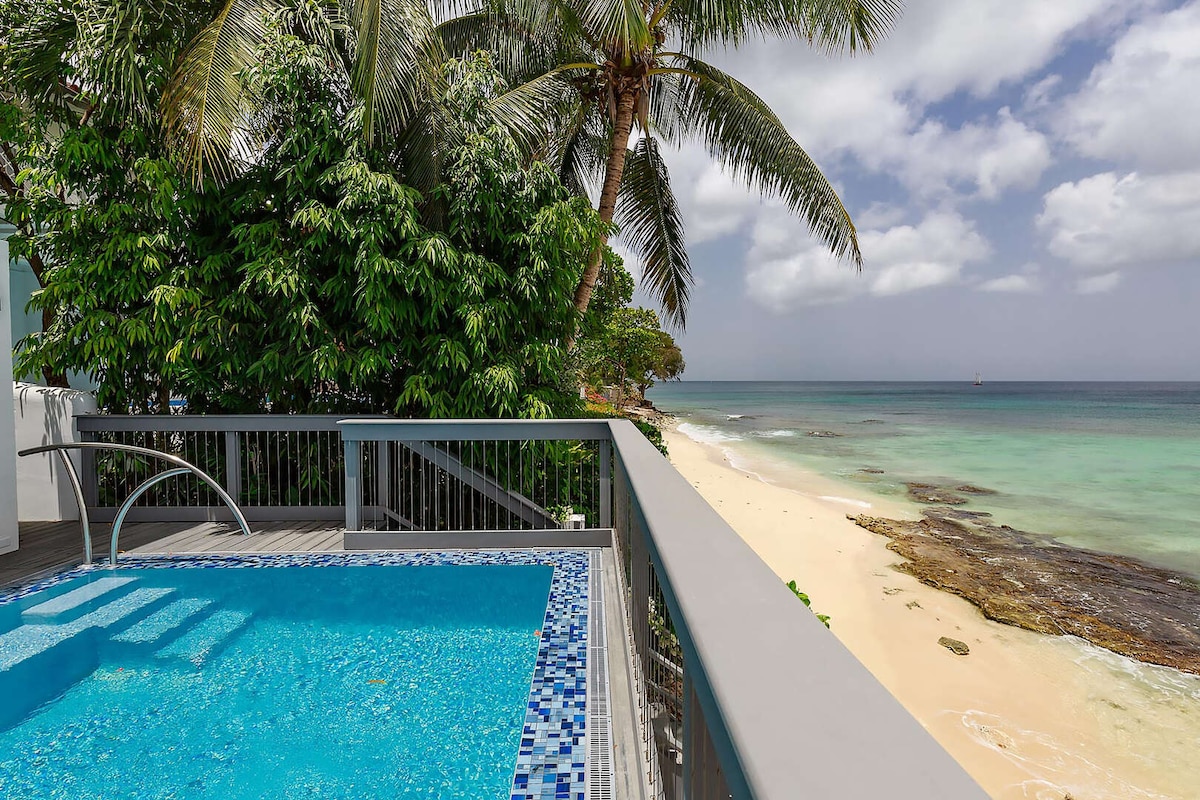 A private pool with clear blue water is adjacent to a wooden deck, offering a view of the shoreline and the turquoise sea. Lush tropical foliage surrounds the area, enhancing the serene coastal setting under a partly cloudy sky.
