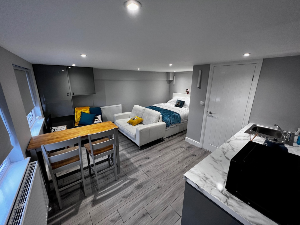 An open living space is featured, combining a sleeping area with a white bed adorned in teal and white bedding. A leather sofa and a small dining table with two chairs are visible. Kitchenette and modern amenities are positioned along one wall, illuminated by natural light from windows.