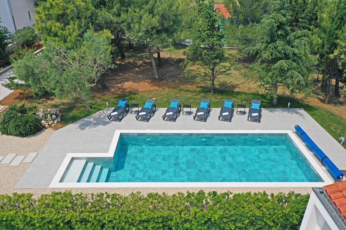 An aerial view of a rectangular salt-water pool is surrounded by a spacious deck featuring several lounge chairs. The pool's clear blue water reflects the greenery of the surrounding trees and garden area, providing a serene setting for relaxation.