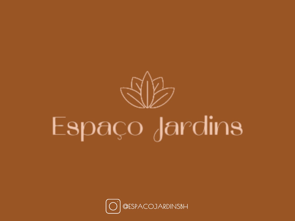 The logo for Espaço Jardins features a stylized lotus flower above the name in a modern font. The background is a warm, earthy brown, creating a calm and inviting visual balance.