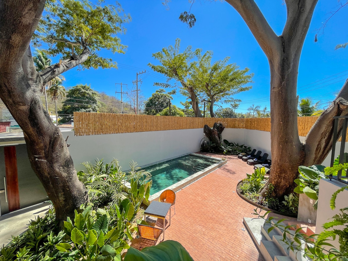 The image showcases a serene pool area surrounded by lush greenery and tall trees. A stone path leads to the pool, which is bordered by a clean, white wall. Comfortable lounge chairs are positioned by the poolside, inviting relaxation under the clear blue sky.