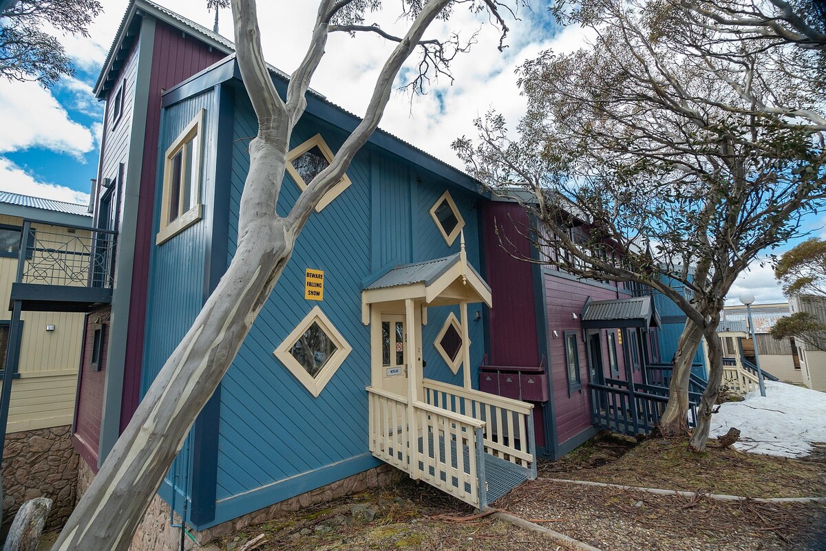 The exterior of a three-level townhouse showcases a mix of blue and maroon siding, complemented by diamond-shaped windows. A small wooden porch is visible at the entrance, while trees surround the building, and patches of snow can be seen on the ground.