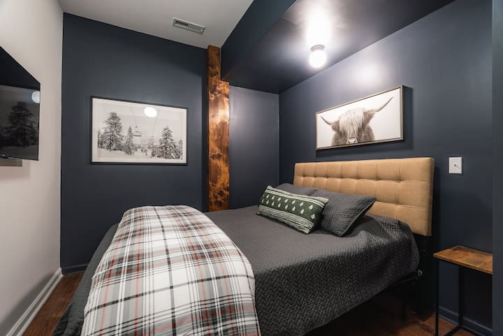 Bedroom 6-  Main level bedroom with a queen bed and Roku tv