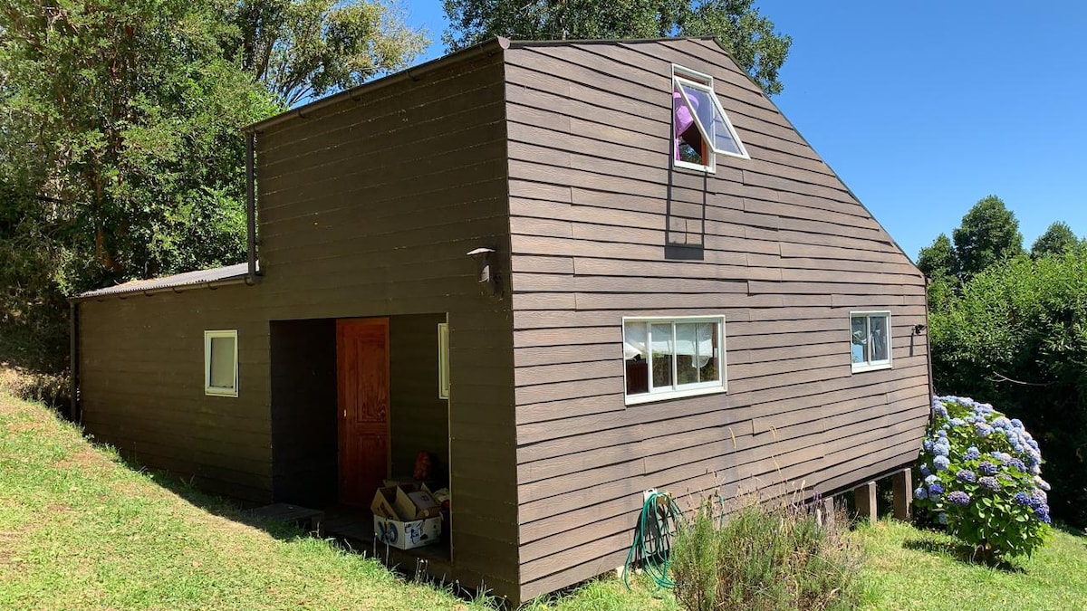 The exterior of the cabin features a sloped roof and wooden siding, surrounded by greenery. A wooden door is visible at the entrance, with two windows allowing natural light. Lush grass and flowering plants are present in the foreground, enhancing the natural setting.