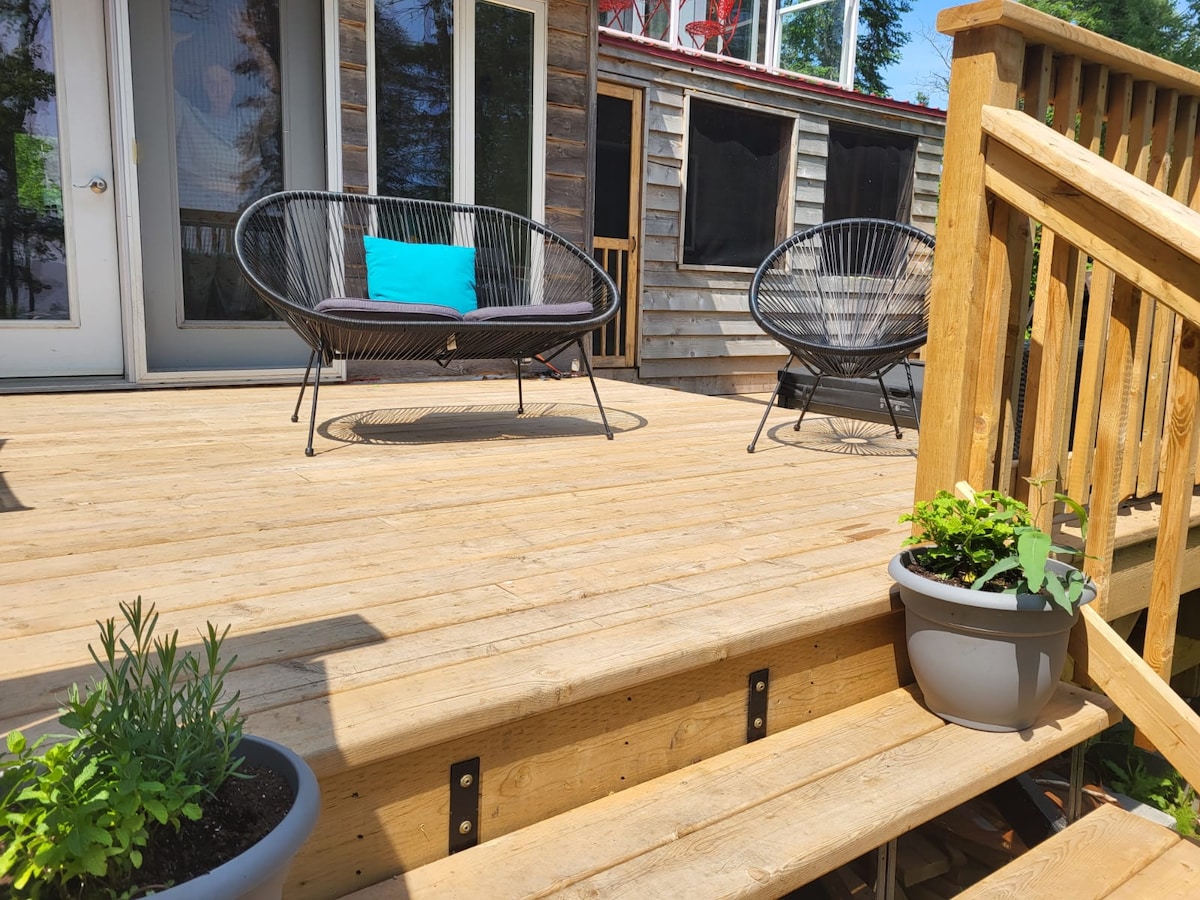 A spacious wooden deck features two modern black chairs with a blue cushion placed between them. Potted plants with green foliage are positioned on the steps leading up to the deck, enhancing the natural ambiance of the space.