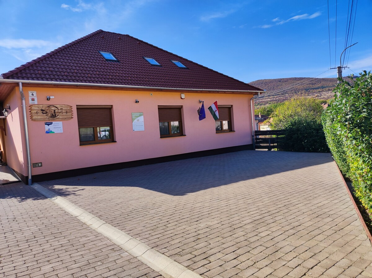 A single-story building with a pitched roof features large windows and colorful wall accents. The entrance is visible, adorned with flags representing Hungary. A stone pathway leads to the entrance, bordered by greenery and showcasing scenic hills in the background.