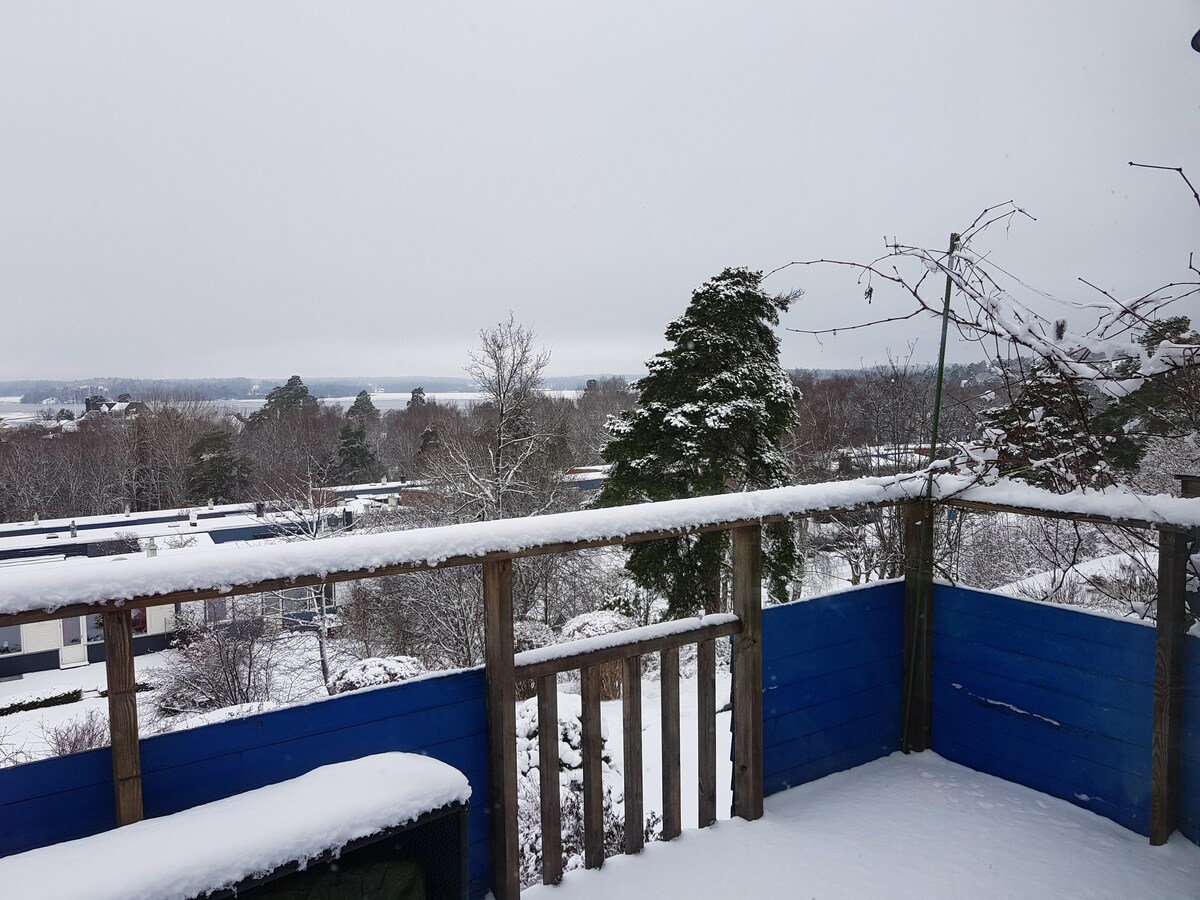 A snowy outdoor balcony provides a view of the surrounding landscape, with trees and rooftops partially covered in snow. The railing is adorned with a light dusting of snow, creating a serene winter scene against a cloudy sky.