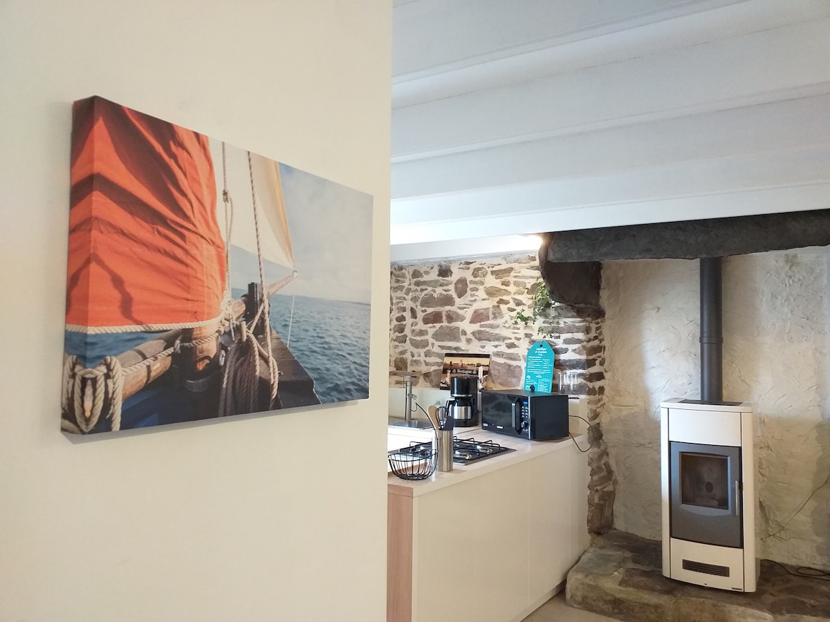 A vibrant canvas print of a sailing boat adorns the wall, depicted with a red sail against a blue sea. A clean kitchen area is visible, featuring modern appliances and a wood-burning stove nestled in a stone wall, enhancing the room's character.