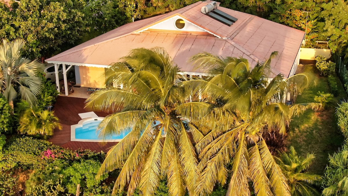 An aerial view of a spacious villa surrounded by lush greenery and palm trees. A private swimming pool is visible on the deck, complemented by a sunlit terrace. The roof features solar panels, reflecting a focus on sustainability.