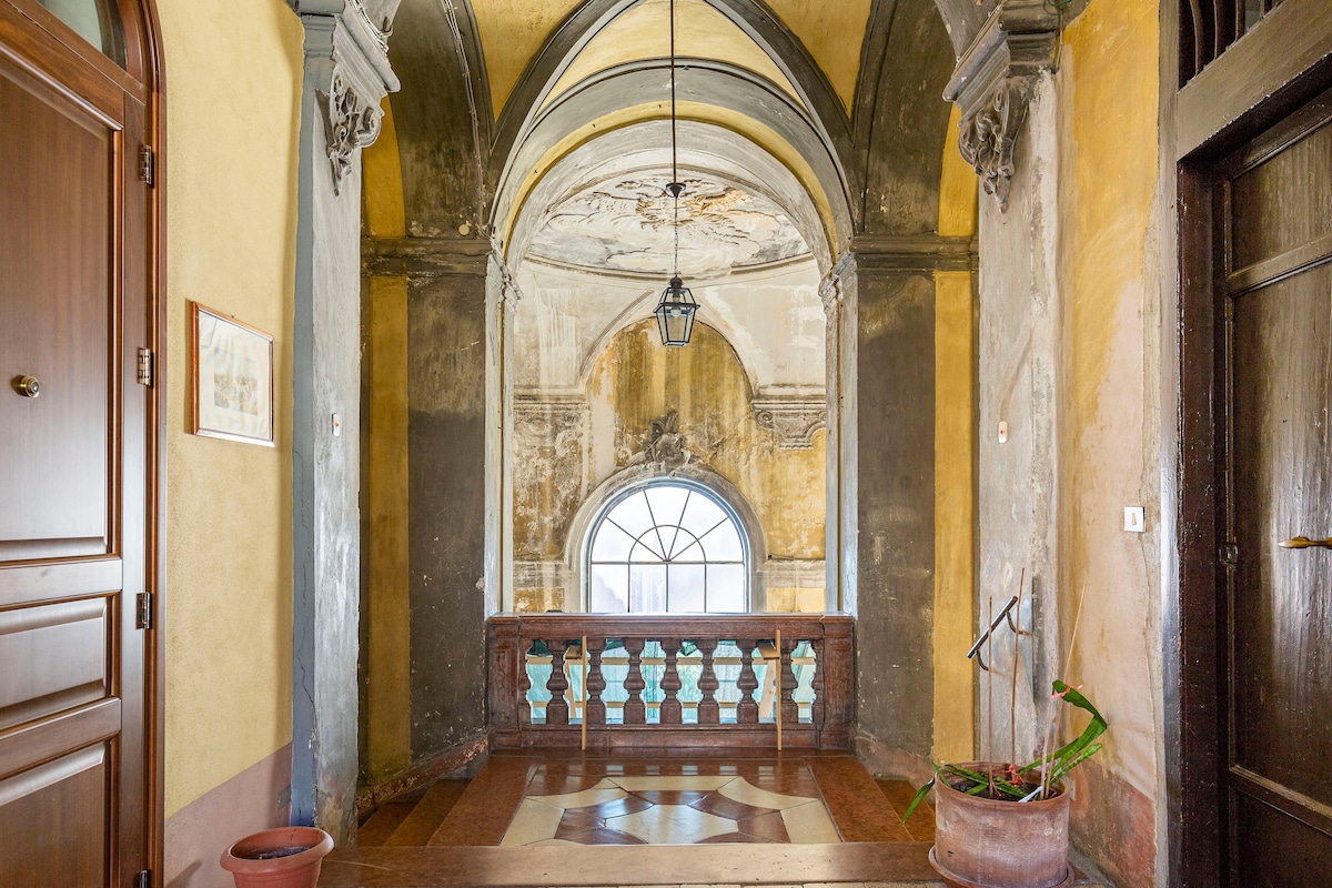 A spacious hallway features ornate archways and intricate ceiling details. An elegant window allows natural light to illuminate the warm tones of the walls. Decorative plants are placed in terracotta pots, enhancing the architectural charm of the historic space.