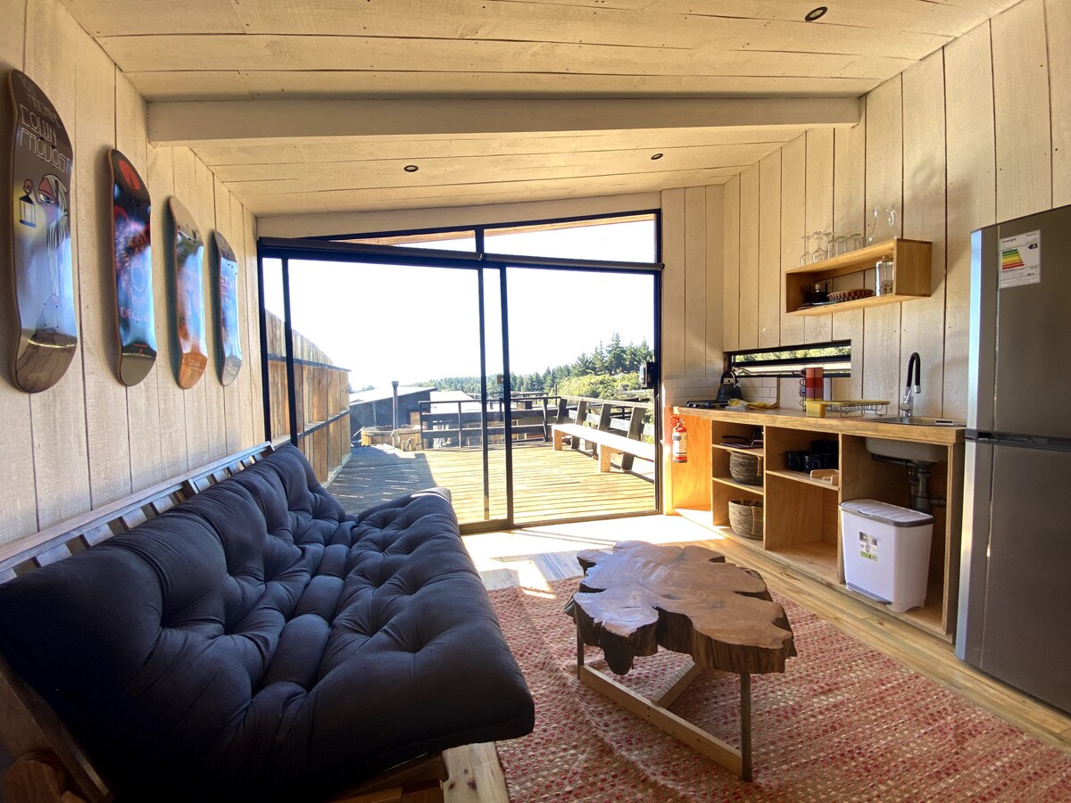 A modern living area features a dark sofa beside a wooden coffee table with a natural edge. Wall-mounted skateboards are displayed, and large glass doors allow natural light and a view of the outdoor deck. A kitchenette is equipped with essential appliances and shelving.
