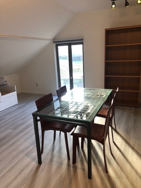 A bright dining area features a glass-topped table surrounded by four wooden chairs. Natural light streams in through large sliding doors that open to a balcony, and a shelving unit is positioned against the wall, adding functionality to the space.