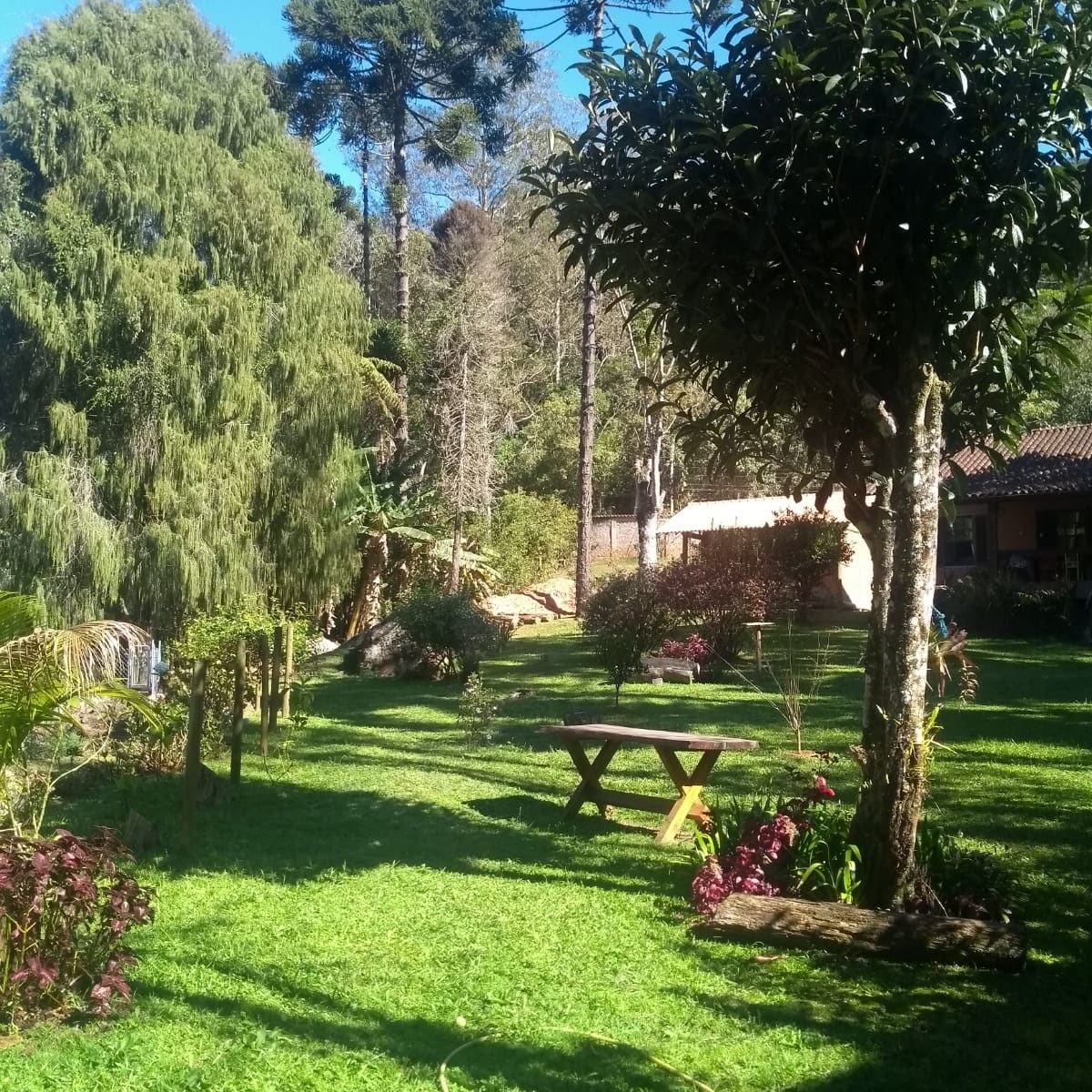 A lush green garden is depicted, featuring a variety of trees and colorful shrubs. A wooden table is positioned in the foreground, surrounded by well-maintained grass. The natural scenery is complemented by a tranquil atmosphere, with hints of a nearby river visible in the background.