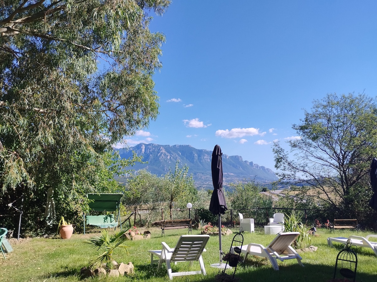 A spacious garden area features several sun loungers arranged on well-maintained grass. Lush trees provide shade, while a mountain range is visible in the background under a clear blue sky.