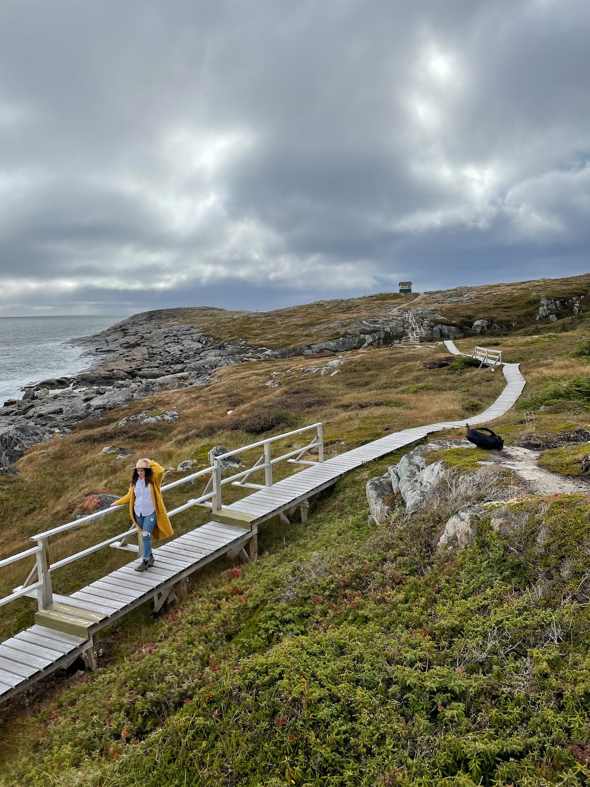 A scenic boardwalk winds through a coastal landscape, bordered by rocky outcrops and patches of greenery. The ocean is visible in the background, beneath a cloudy sky. A person walks along the boardwalk, dressed in a bright yellow coat.