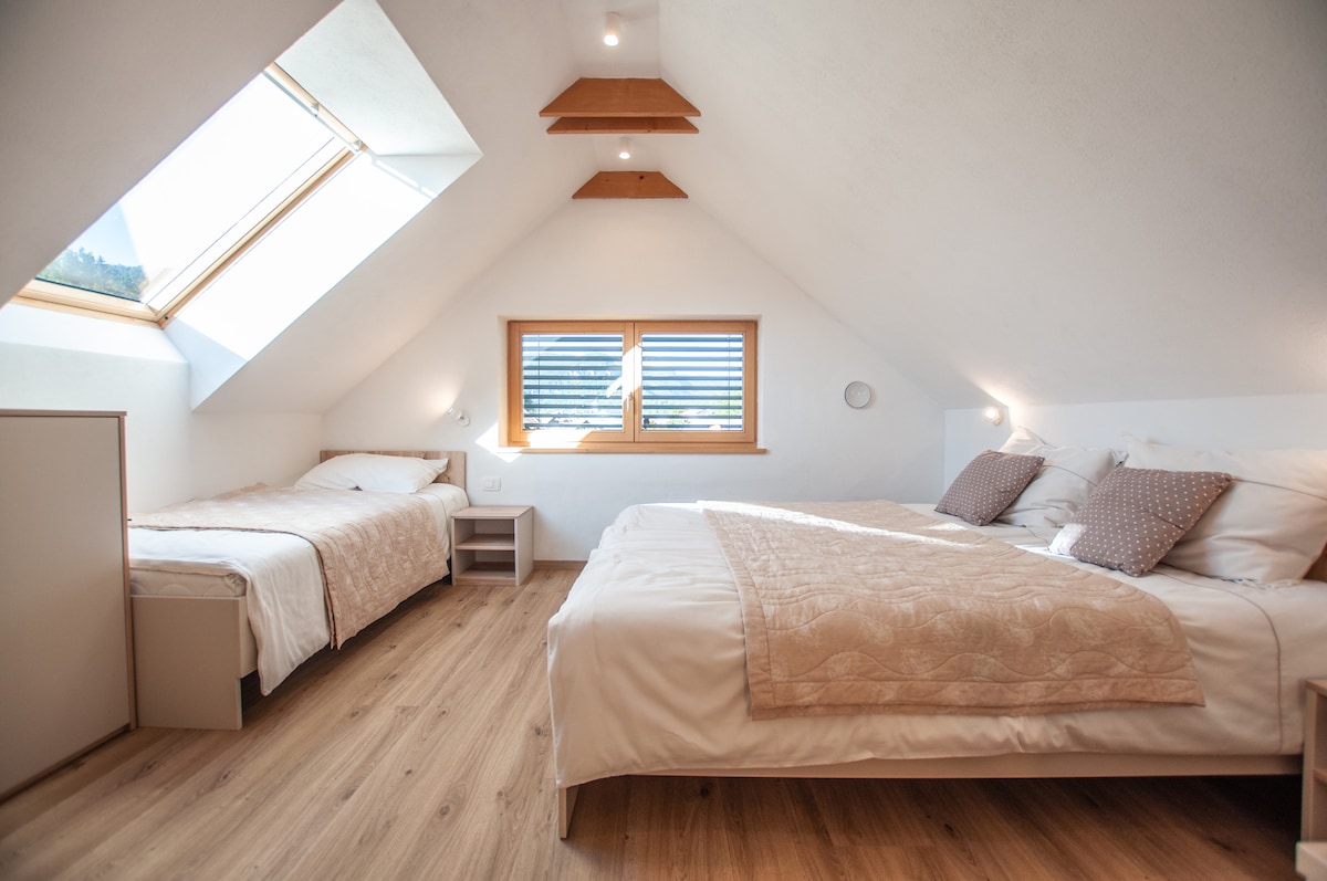 A well-lit bedroom features a spacious bed alongside a single bed. Natural light enters through a skylight and windows, complementing the light-colored bedding and warm wood accents on the floor and ceiling.