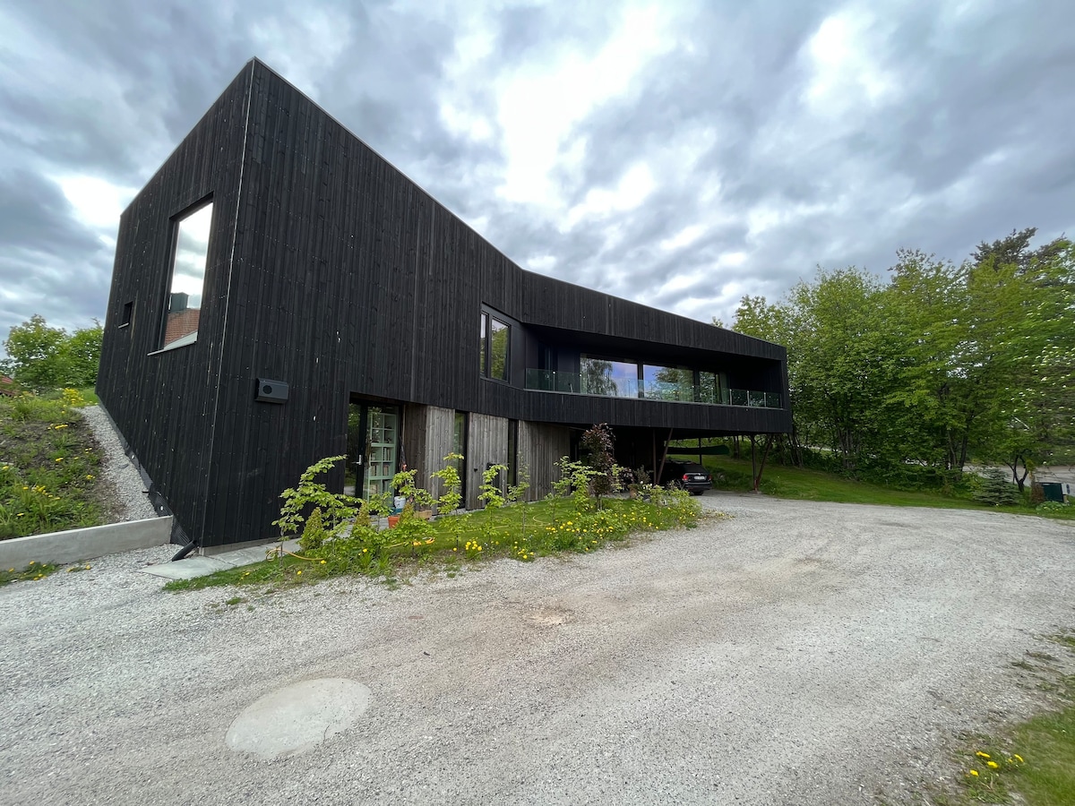 A modern architectural structure is presented, featuring a dark wood facade and large windows that reflect the surrounding greenery. The building is set back from a gravel driveway, framed by patches of grass and wildflowers.