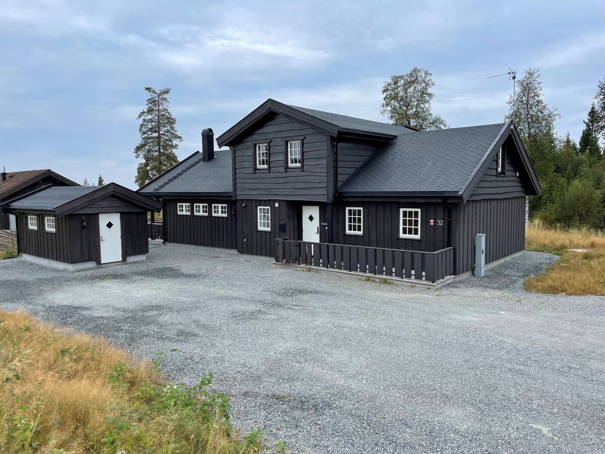 A spacious cabin is depicted in a rural setting, constructed in dark wood with white window frames. A gravel driveway leads to the entrance, and a smaller outbuilding stands nearby. Surrounding greenery adds to the natural ambiance of the area.