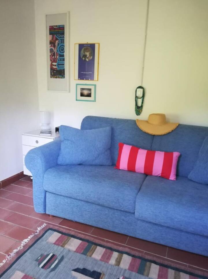 Sofá cama doble, planta baja, con puerta de ventana en la terraza.