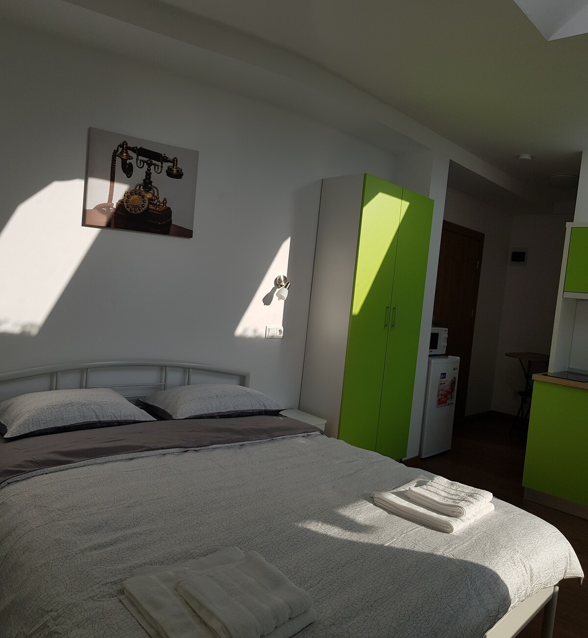 A serene sleeping area is presented with a spacious bed featuring soft bedding. Natural light filters through the window, casting gentle shadows. A vibrant green wardrobe is positioned nearby, complementing the light-colored walls. A cozy kitchenette area is visible, equipped for basic meal preparation.