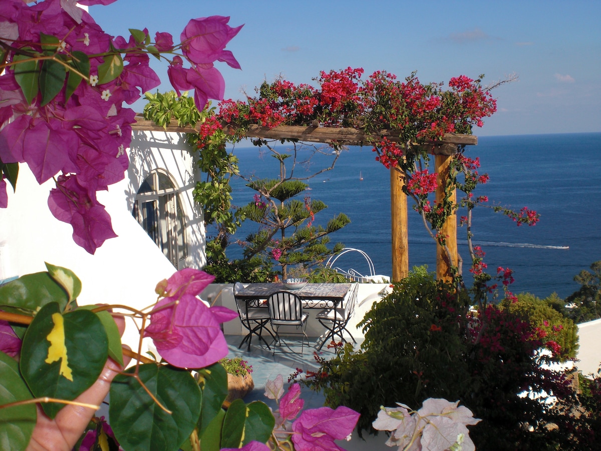 A terrace adorned with vibrant bougainvillea provides stunning ocean views. A wooden pergola supports flowering plants, framing a dining table with chairs set against a backdrop of blue water and clear skies.