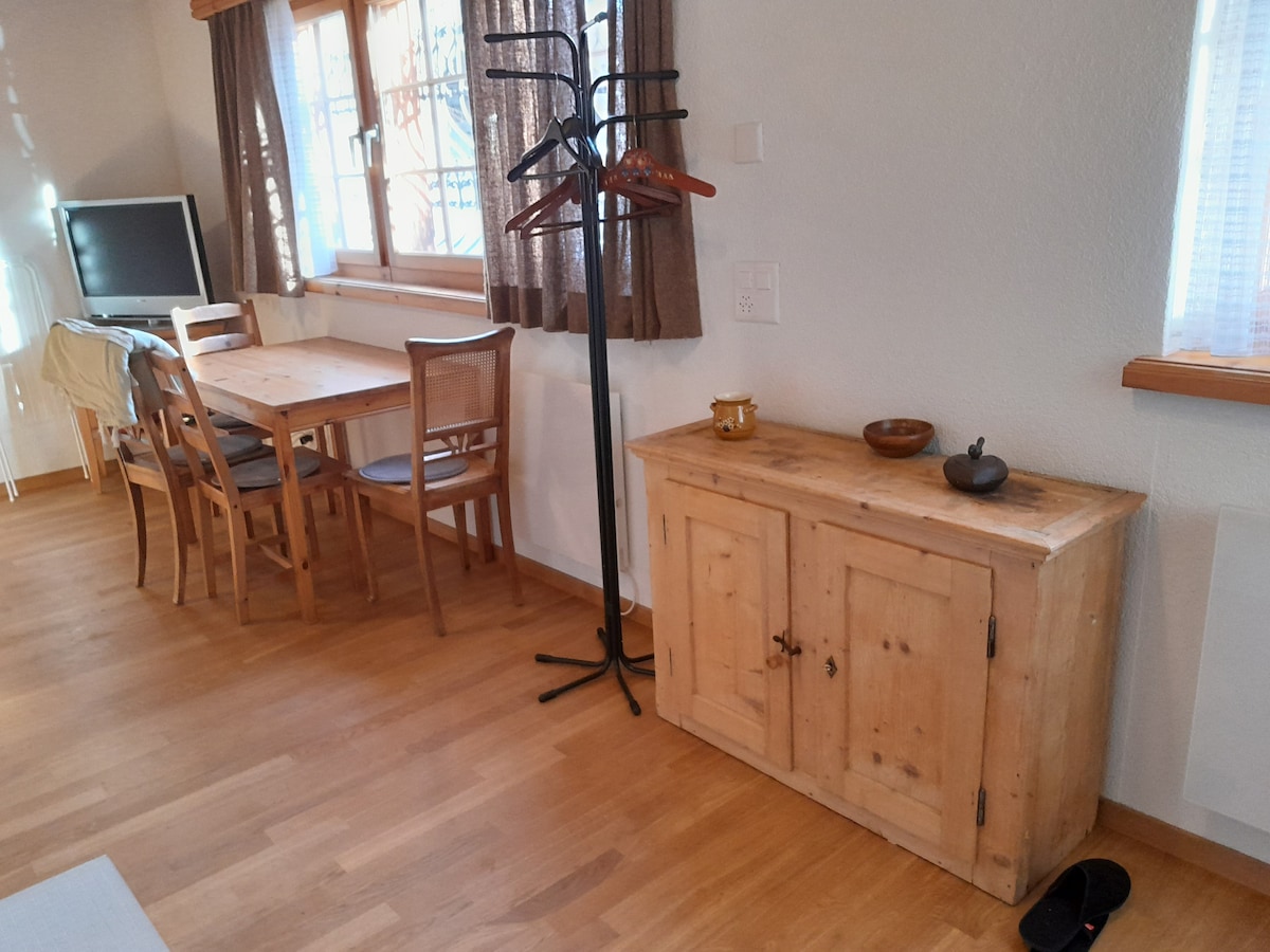 A wooden dining table is accompanied by several matching chairs, situated beside a tall, clothing rack. A rustic cabinet stands against the wall, showing natural wood grain. A television is positioned nearby, with sunlight filtering through the window treatments.