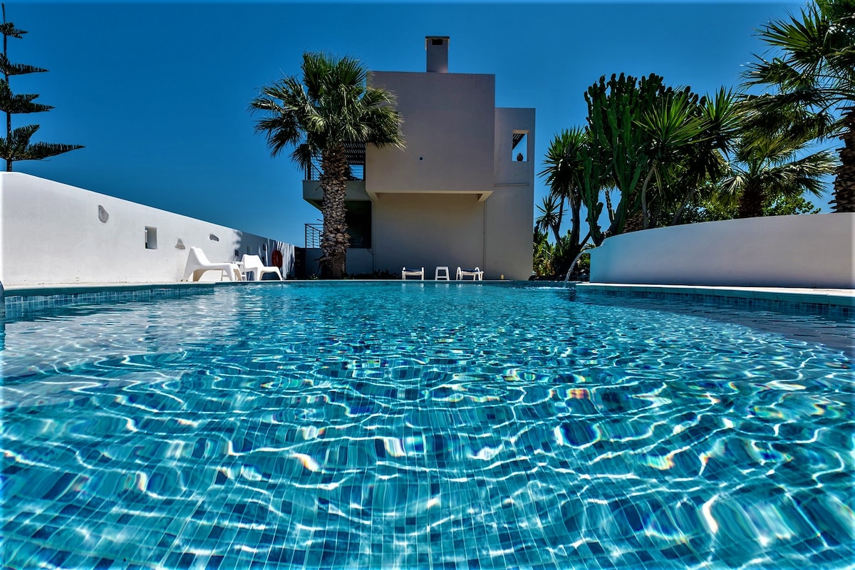 The private swimming pool features crystal-clear water, reflecting the blue sky above. Surrounding palm trees create a relaxing tropical atmosphere, while white lounge chairs are positioned nearby for sunbathing. The villa's modern structure stands prominently in the background, contributing to the aesthetic of the space.