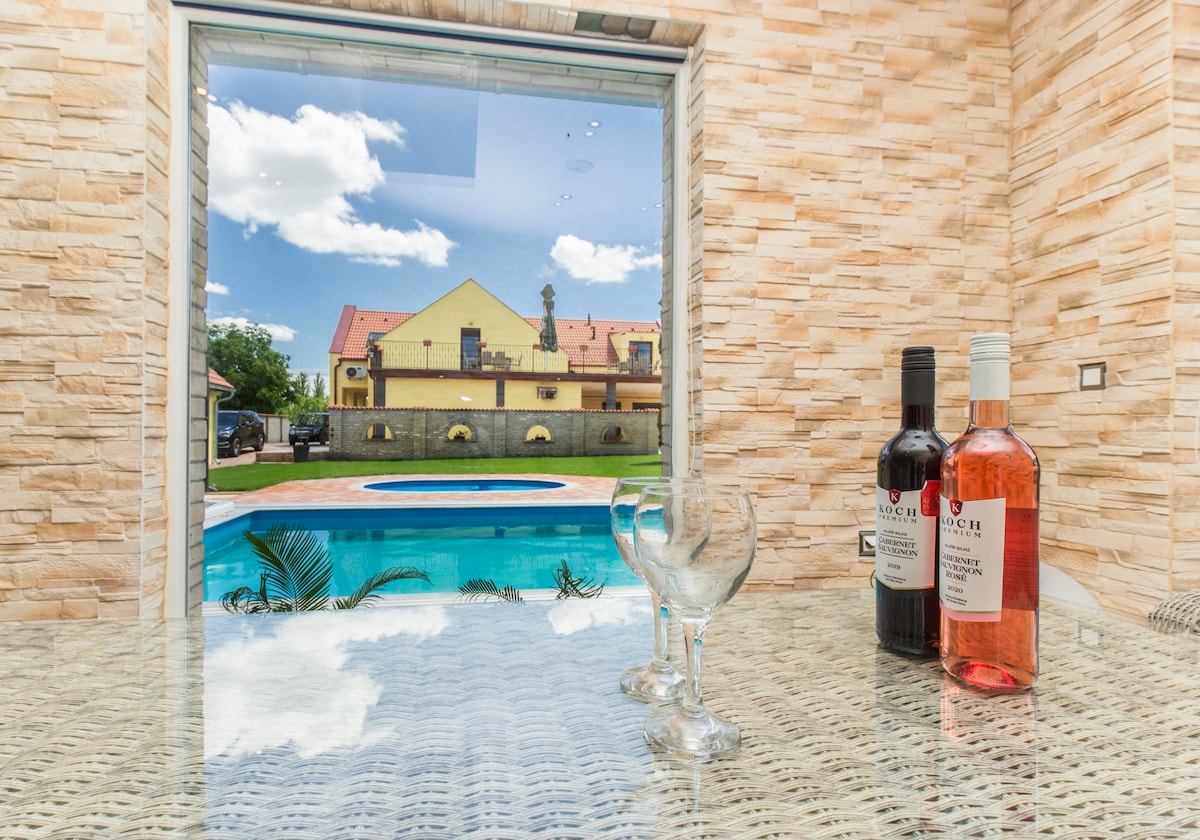 A clear view from a large window showcases a sparkling blue pool surrounded by outdoor greenery. A table is visible in the foreground with two bottles of wine and glasses, enhancing the relaxed atmosphere of the space.