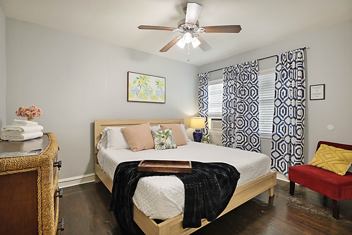 First bedroom with comfy king sized bed.