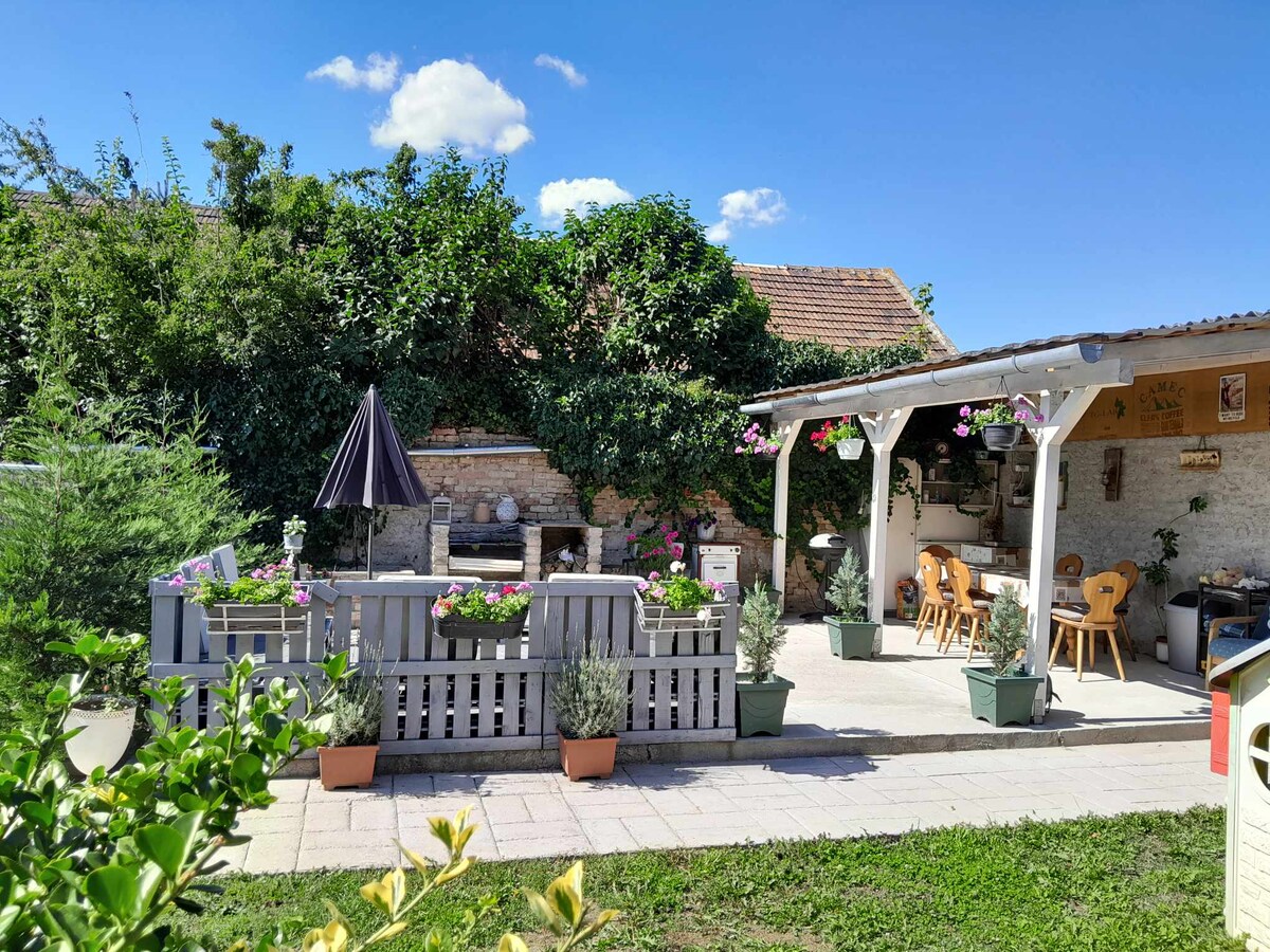 A charming outdoor area is surrounded by greenery, featuring a patio with a shaded seating space and potted plants. A wooden dining table and chairs are positioned under a covered section, inviting relaxation. A grill is also visible in the background.